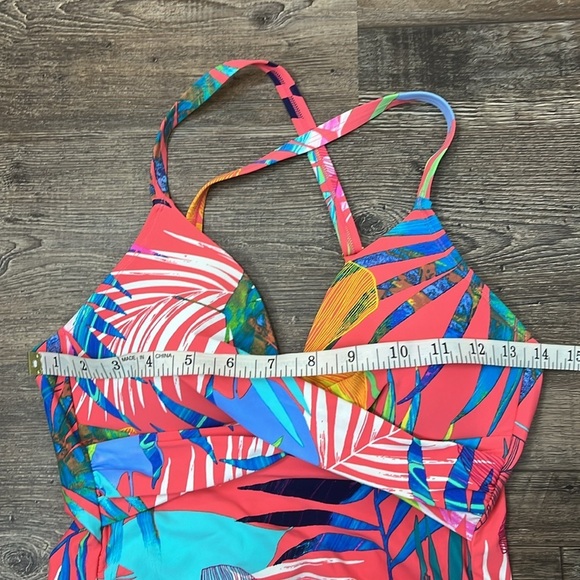 Apt 9 Tropical Leaf Coral Multi Criss Cross Surplice Tankini Swimsuit Top Size S - Picture 4 of 8